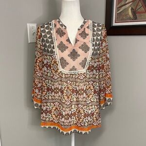 Valerie Stevens Petite Boho Sheer 3/4 length shirt geometric size womens XL